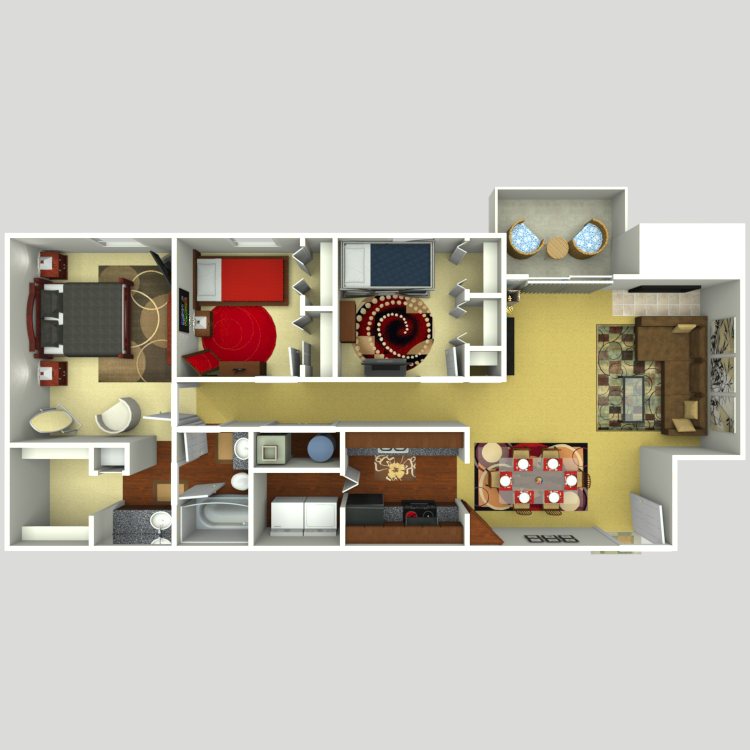 Floor plan for 3 beds, 1 bath, 987 sqft